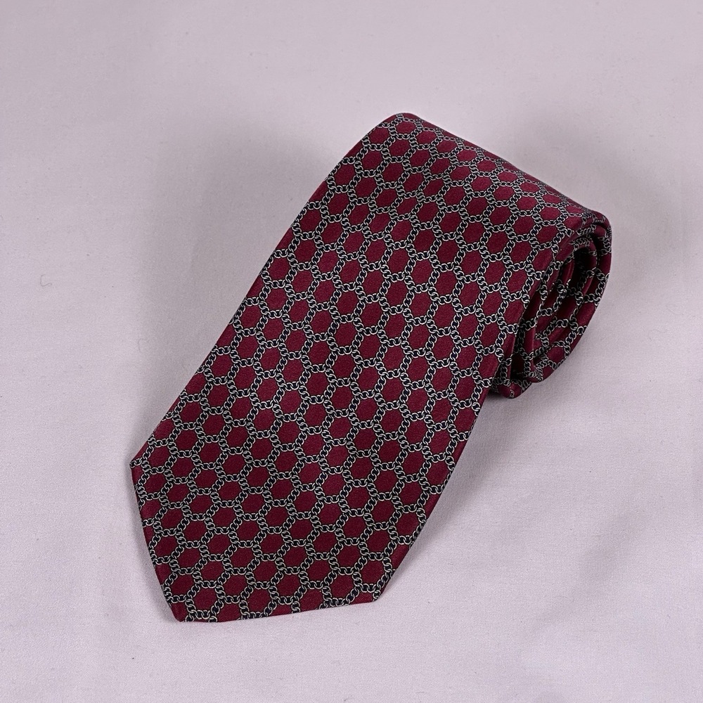 Stefano Ricci Silk Tie Vintage Burgandy Silver Chain Link Made In Italy 3.5" W